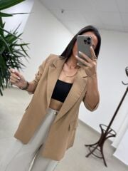 Fp 9724 Kendinden Kemerli Pamuk Keten Camel Ceket