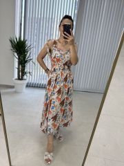 My 3231 Kahve laleli kemerli viskon elbise