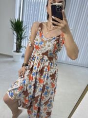 My 3231 Kahve laleli kemerli viskon elbise