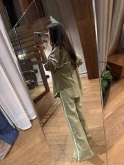 La 6064 Tasarım Püskül Detaylı Keten Yağ Yeşili Takım