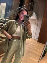 La 6064 Tasarım Püskül Detaylı Keten Yağ Yeşili Takım