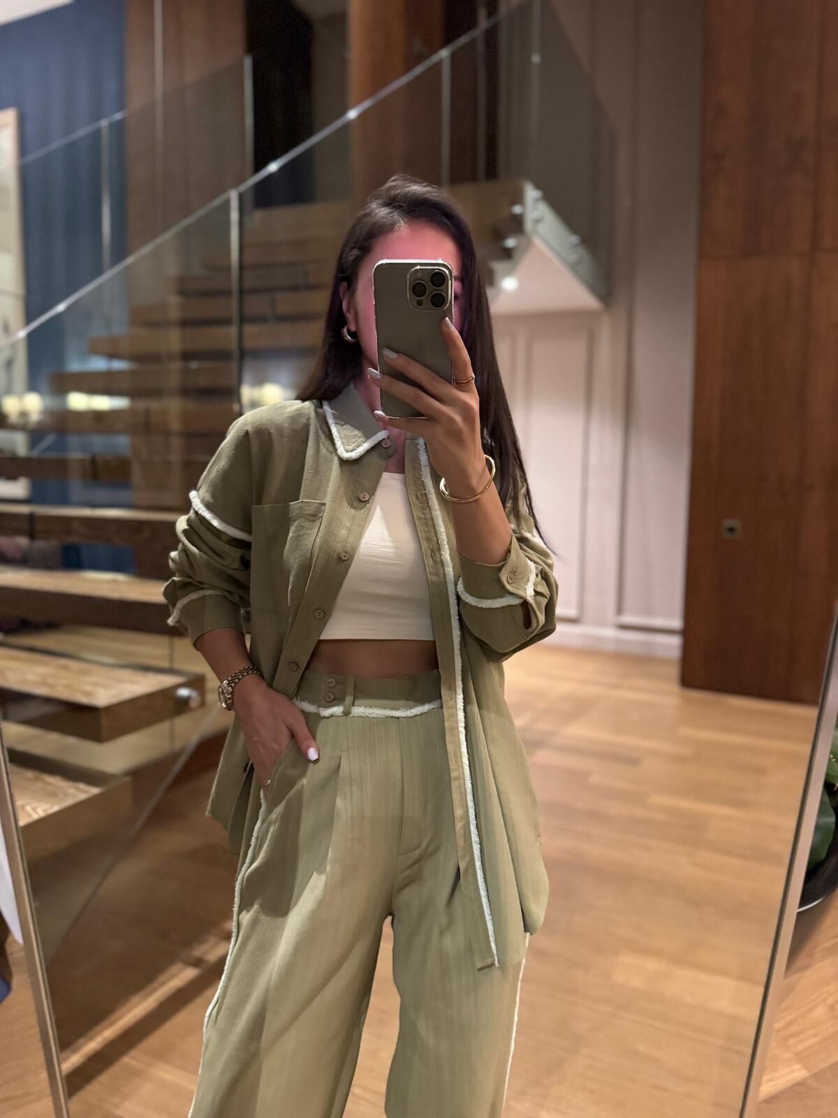 La 6064 Tasarım Püskül Detaylı Keten Yağ Yeşili Takım