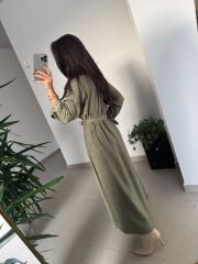 Dr 8528 Tasarım Kuşaklı Haki Gömlek Elbise