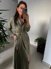 Dr 8528 Tasarım Kuşaklı Haki Gömlek Elbise