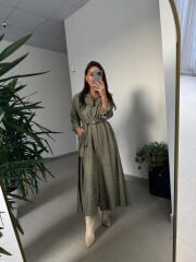 Dr 8528 Tasarım Kuşaklı Haki Gömlek Elbise