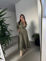 Dr 8528 Tasarım Kuşaklı Haki Gömlek Elbise