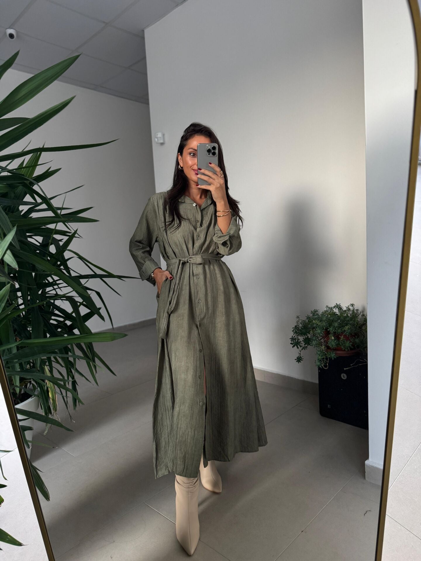 Dr 8528 Tasarım Kuşaklı Haki Gömlek Elbise