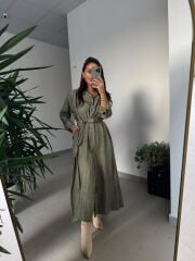 Dr 8528 Tasarım Kuşaklı Haki Gömlek Elbise