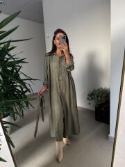 Dr 8528 Tasarım Kuşaklı Haki Gömlek Elbise