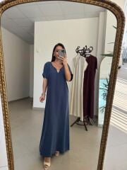 Mz 22539 İndigo V Yaka Kuşaklı Tensel Elbise