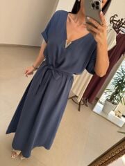 Mz 22539 İndigo V Yaka Kuşaklı Tensel Elbise
