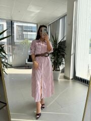 Fw 0411 Gül kurusu Çizgili Kahve Kemerli Gömlek Elbise