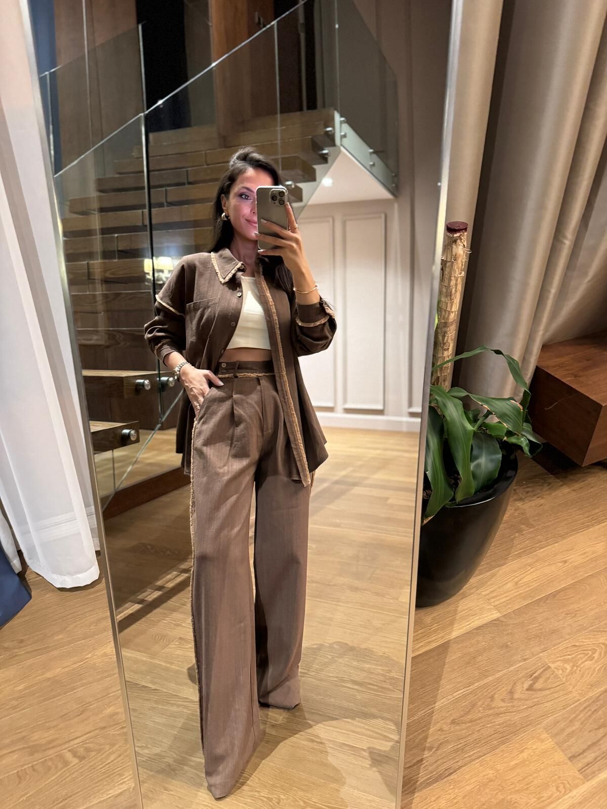 La 6064 Tasarım Püskül Detaylı Keten Kahve Takım