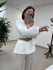 Fp 9724 Kendinden Kemerli Pamuk Keten Beyaz Ceket