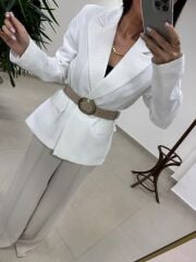 Fp 9724 Kendinden Kemerli Pamuk Keten Beyaz Ceket