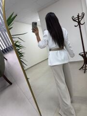 Fp 9724 Kendinden Kemerli Pamuk Keten Beyaz Ceket