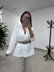 Fp 9724 Kendinden Kemerli Pamuk Keten Beyaz Ceket