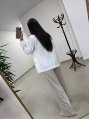 Fp 9724 Kendinden Kemerli Pamuk Keten Beyaz Ceket