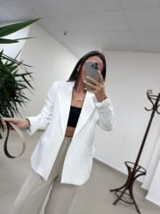 Fp 9724 Kendinden Kemerli Pamuk Keten Beyaz Ceket