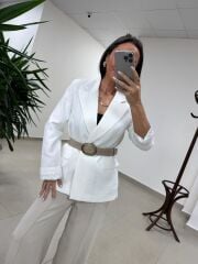 Fp 9724 Kendinden Kemerli Pamuk Keten Beyaz Ceket