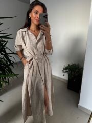 Dr 8528 Tasarım Kuşaklı Taş Gömlek Elbise