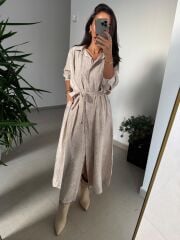 Dr 8528 Tasarım Kuşaklı Taş Gömlek Elbise