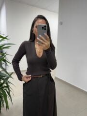 Bb 30587 Kahve V Yaka Fitilli Pamuklu Bluz