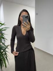 Bb 30587 Kahve V Yaka Fitilli Pamuklu Bluz