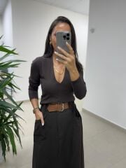 Bb 30587 Kahve V Yaka Fitilli Pamuklu Bluz