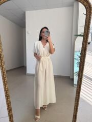 Mz 22539 Ekru V Yaka Kuşaklı Tensel Elbise