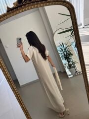 Mz 22539 Ekru V Yaka Kuşaklı Tensel Elbise