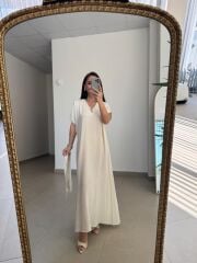 Mz 22539 Ekru V Yaka Kuşaklı Tensel Elbise