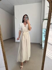 Mz 22539 Ekru V Yaka Kuşaklı Tensel Elbise