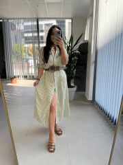 Fw 0411 Haki Çizgili Kahve Kemerli Gömlek Elbise