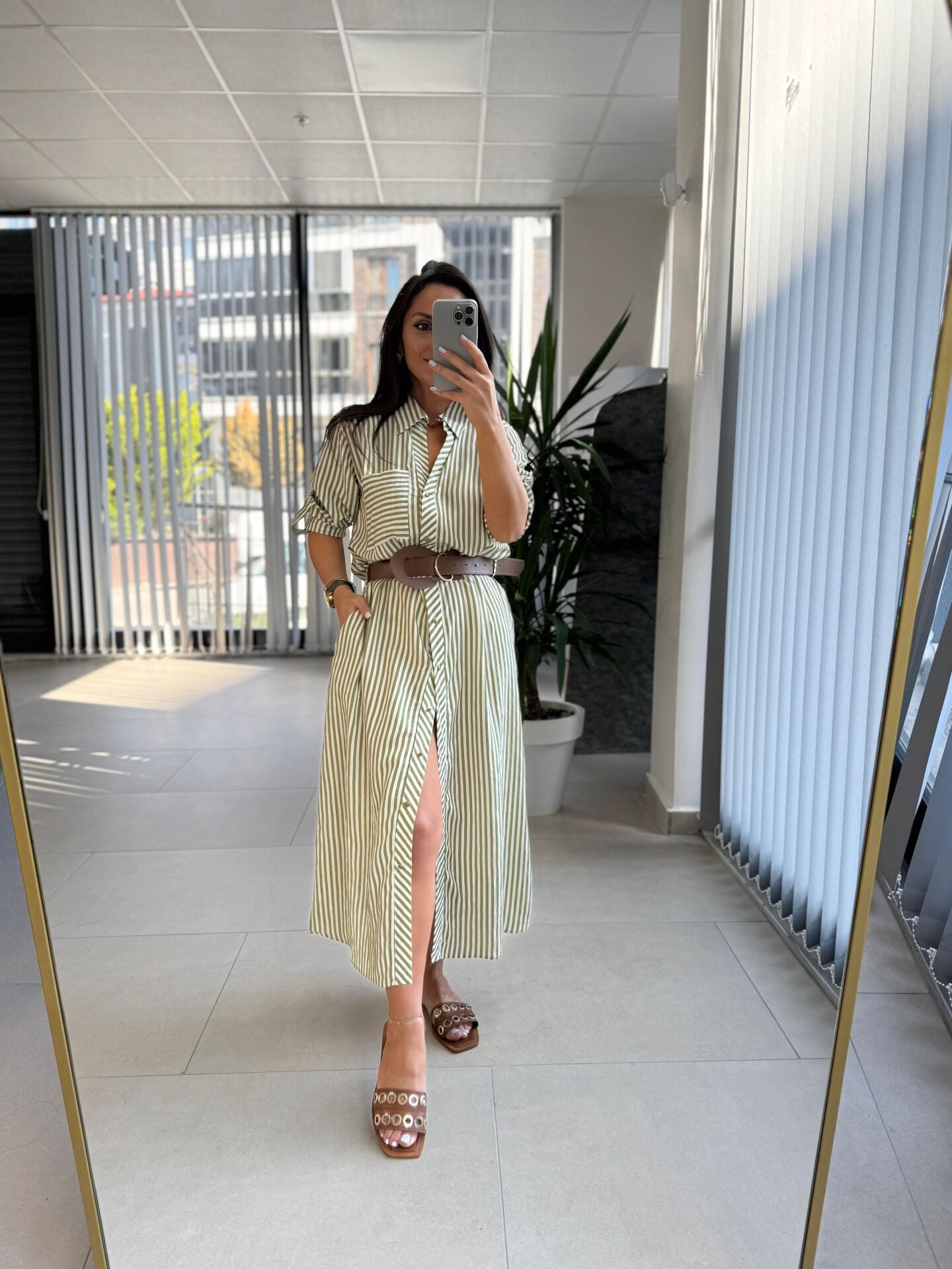 Fw 0411 Haki Çizgili Kahve Kemerli Gömlek Elbise