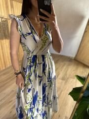 My 3073 Saks çiçekli kolsuz keten elbise