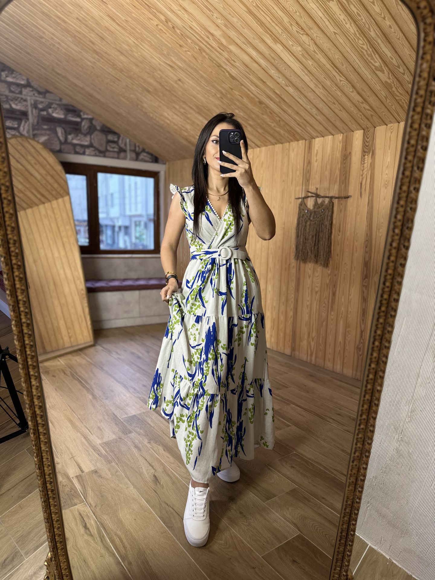 My 3073 Saks çiçekli kolsuz keten elbise