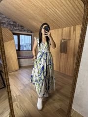 My 3073 Saks çiçekli kolsuz keten elbise