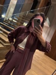 La 6064 Tasarım Püskül Detaylı Keten Bordo Takım