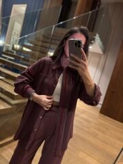 La 6064 Tasarım Püskül Detaylı Keten Bordo Takım