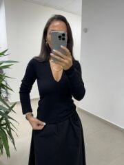 Bb 30587 Siyah V Yaka Fitilli Pamuklu Bluz