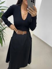 Bb 30587 Siyah V Yaka Fitilli Pamuklu Bluz