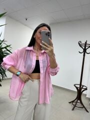 Fp 4924 Oversize Pembe Transparan İpeksi Gömlek