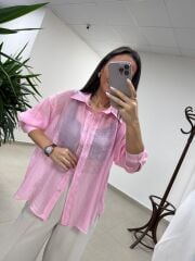 Fp 4924 Oversize Pembe Transparan İpeksi Gömlek