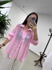 Fp 4924 Oversize Pembe Transparan İpeksi Gömlek