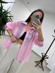 Fp 4924 Oversize Pembe Transparan İpeksi Gömlek