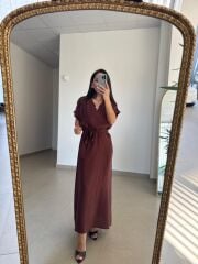 Mz 22539 Kahve V Yaka Kuşaklı Tensel Elbise
