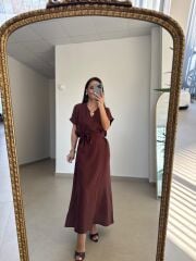 Mz 22539 Kahve V Yaka Kuşaklı Tensel Elbise