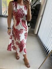 Bb 29998 Bordo Şal Desen Keten Elbise