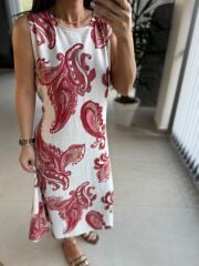 Bb 29998 Bordo Şal Desen Keten Elbise